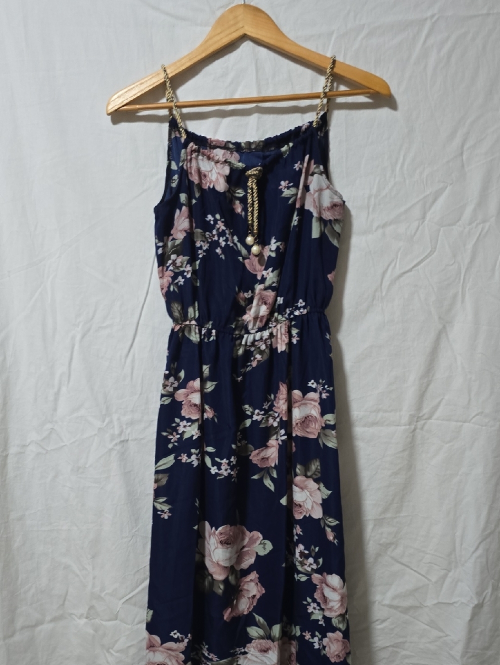 Navy Floral Maxi Dress with Rope Detail 015